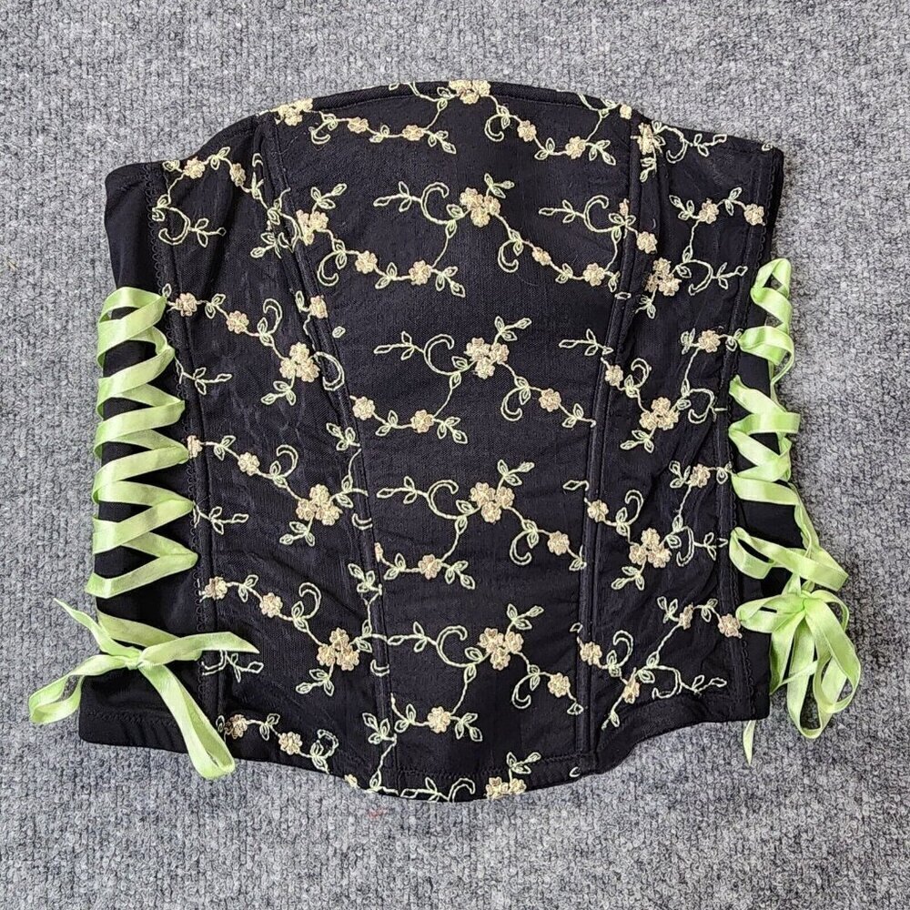 CACIQUE Embroidered Black Lime Green‎ Coreset Lace Up Boning Size 14/16